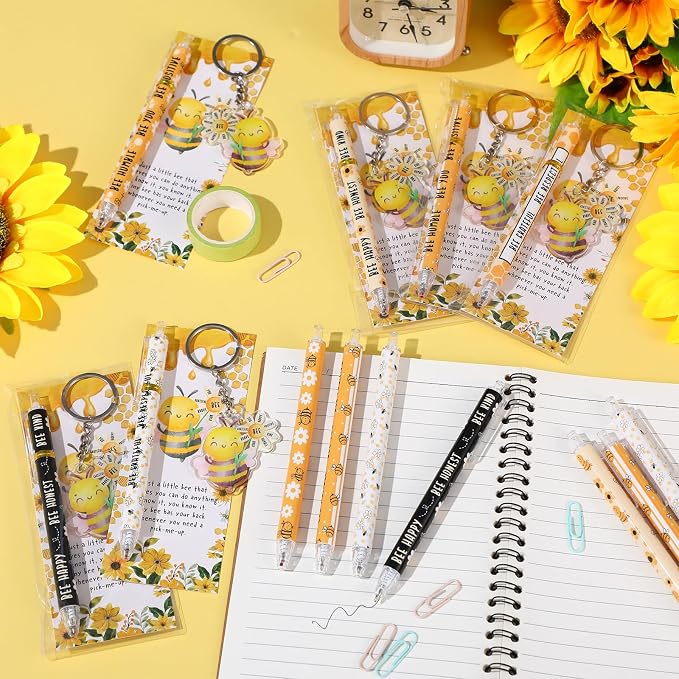 Kosiz 30 Sets Bee Party Favors End of Year Gifts Positive Ballpoint Pens Honey Flower Keychains and Bookmarks Bulk Bee Themed Inspiration Gifts for Student Class Reward School Office Prizes