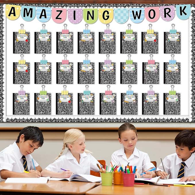 24 Pcs Student Work Display Bulletin Board Composition Notebook Classroom Decoration Inspirational Amazing Work Wall Decor Composition Book Paper Cutouts for Teacher Back to School Chalkboard Supplies
