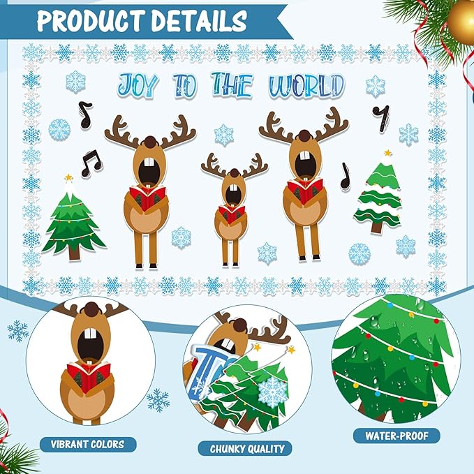 Fuutreo 62 Pcs Christmas Bulletin Board Decoration Christmas Reindeer Music Classroom Bulletin Board Sets Joy to The World Snowflakes Paper Cutouts for Xmas Party Supplies School Winter Holiday Decor