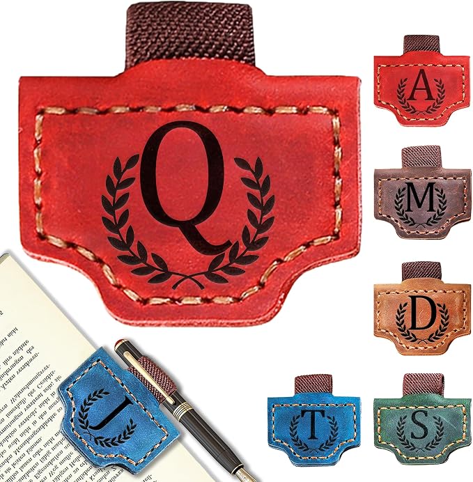 Personalized Leather Magnetic Bookmark with Pen Holder, Bookmark 26 Letters Name Initial Bookmarks for Readers, Book Lover Gifts for Women Men Notebook Accessories (Red, Q)