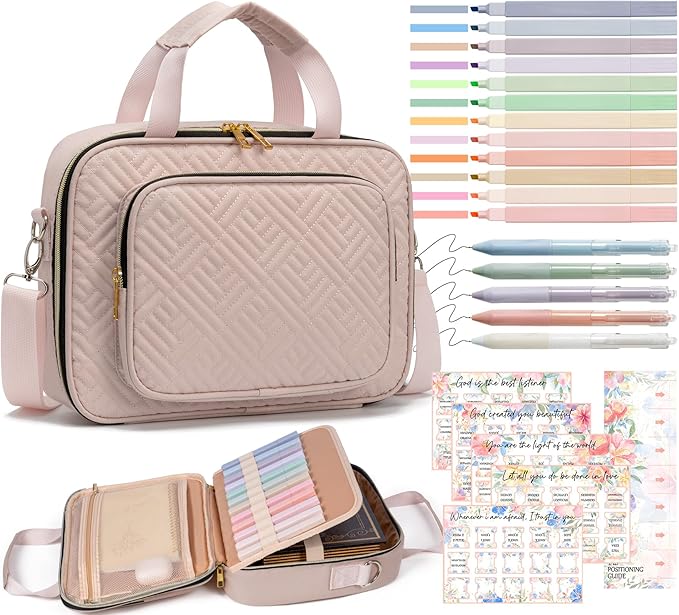 Bible Cover Case for Women, Large Bible Bag w/Shoulder Strap, Bible Study Supplies Journaling Kit Pink Book Carrying Case with Accessories Pastel Highlighter Tab, Christian Gifts for Women Mom Friends