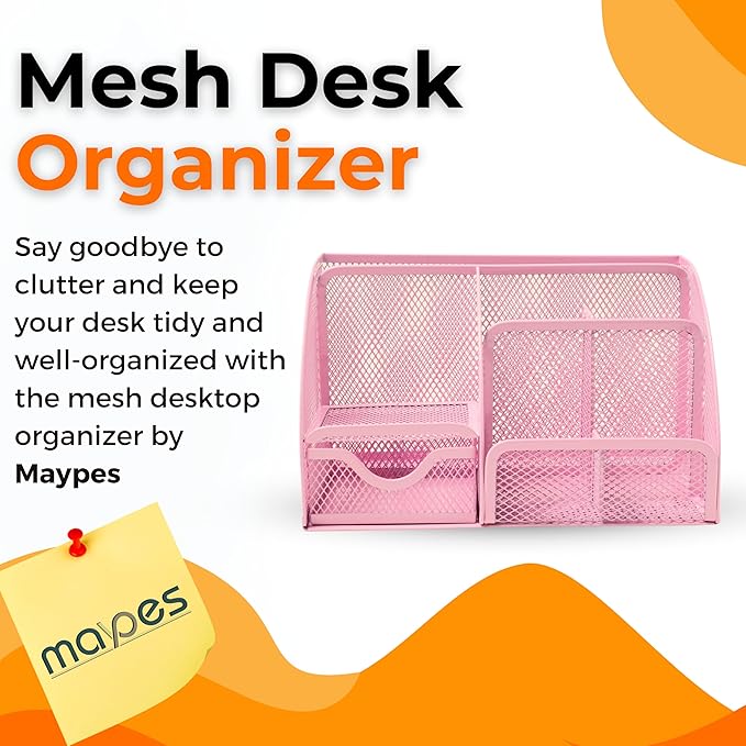 Mesh Desk Organizer - Office Accessories with Sticky Notes, 6 Compartments, Drawer & Pen Holder for Home, School