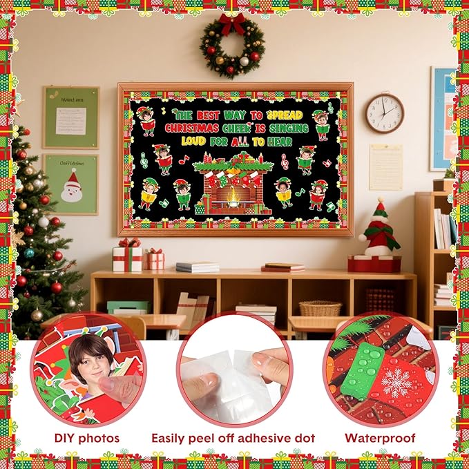Funrous 60 Pcs Christmas Elf Bulletin Board Set DIY Photo Elf Fireplace Paper Cutouts with Photo Space for Xmas Winter Holiday Party School Classroom Wall Decorations