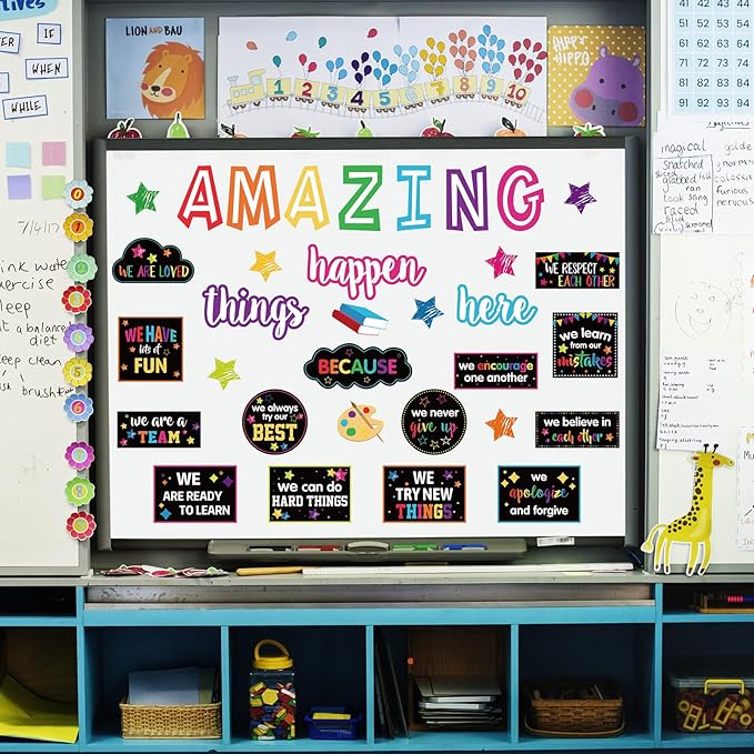JarThenaAMCS Motivational Bulletin Board Decoration Amazing Things Happen Here Paper Cutouts with 100Pcs Glue Points Bulletin Border Stickers for Classroom Office School Home Decor, 41Pcs