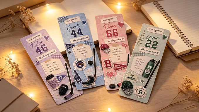 4Pcs Off Campus Inspired Bookmarks, Off Campus Merch Stuff Featuring Tucker, Garett, Dean & Logan - Ideal Off Campus‌ Gifts Accessories Merchandise for Fans Women Men Birthday Book Lovers