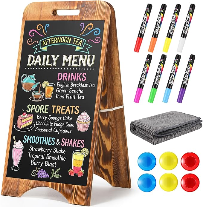 A Frame Chalkboard Sign Sandwich Magnetic Chalkboard Double Sided Sidewalk Signs with Markers Foldable Blackboard Menu Display for Weddings Restaurant Business(Burnt Brown,15 x 30 Inches)