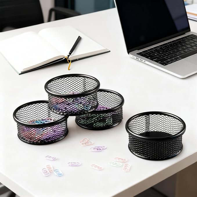 Multi-Purpose Metal Mesh Desk Organizer Bowl – Paper Clip Holder for Office Supplies, Binder Clips, Thumbtacks & Small Parts, Black (3.5” x 1.5”)