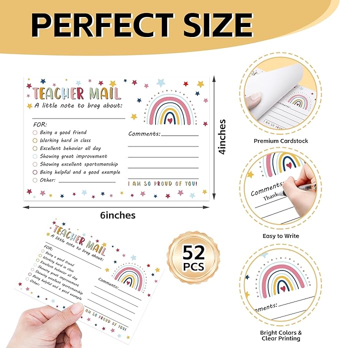 52PCS Teacher Mail Notes to Parents, Happy Notes Mail Postcards, Motivational Good Behavior Incentive Cards,Positive Cards for Preschool Kindergarten Elementary School, Teacher Classroom Supplies