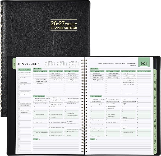 2026-2027 Planner - 11.38'' x 8.74'', Weekly & Monthly Planner Notepad, JUL. 2026 - JUN.2027, Appointment Book 2026-2027, 60 Minutes Interval, Monthly Tabs, Faux Soft Leather, Spiral Bound - Black
