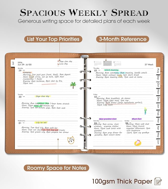 Planner 2026-2027, Academic Weekly and Monthly Calendar Planner from July 2026 - June 2027, Hardcover Leather Daily Agenda Book with Tabs, A5 College School Organizer for Student Teacher, Black