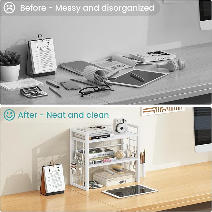 ELITEROO Desk Shelf Organizer, 2 Tier Wood Desktop Bookshelf Storage Rack, Freestanding Tabletop Organizer for Top of Desk, Office Supplies, Books & Decorations, White