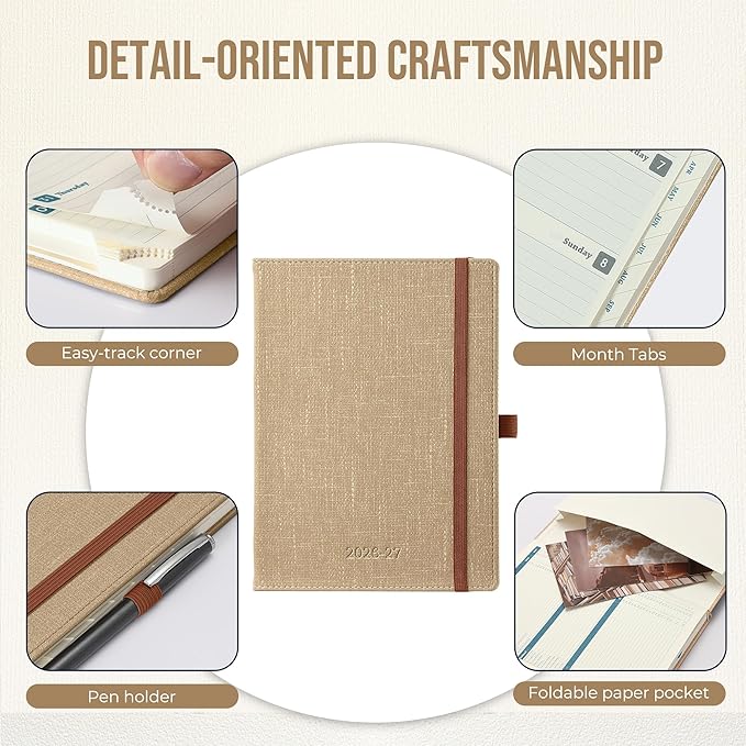 Planner 2026-2027 Weekly & Monthly Planner, 18 Month Academic Calendar July 2026 – Dec 2027, Horizontal Layout with Monthly Tabs, Textured Fabric Hardcover, Khaki