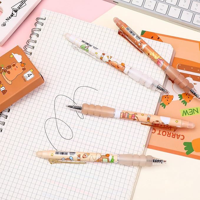 Capybara Pens, Cute Capybara Themed Click Pens, 0.5mm Fine Point Black Ink, Capybara Gel Ink Pens with Collectible Packaging, Perfect for Office, School, Women, Girls, Boys (4 Pack)