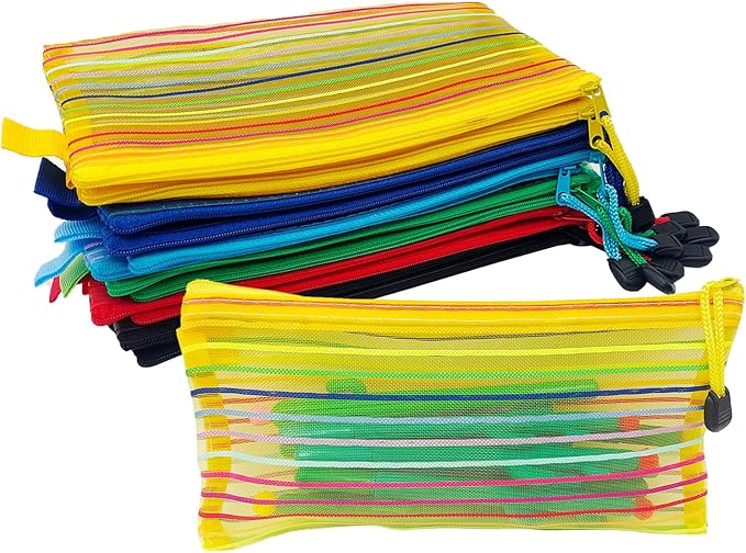 itechpanda 12 Pack Zipper Mesh Pouch, A6 Net Zipper Pouch Multipurpose Storage Bags for Organizing Makeup Essentials, Travel Accessories, Office, School and Teacher Supplies, 6 Colors