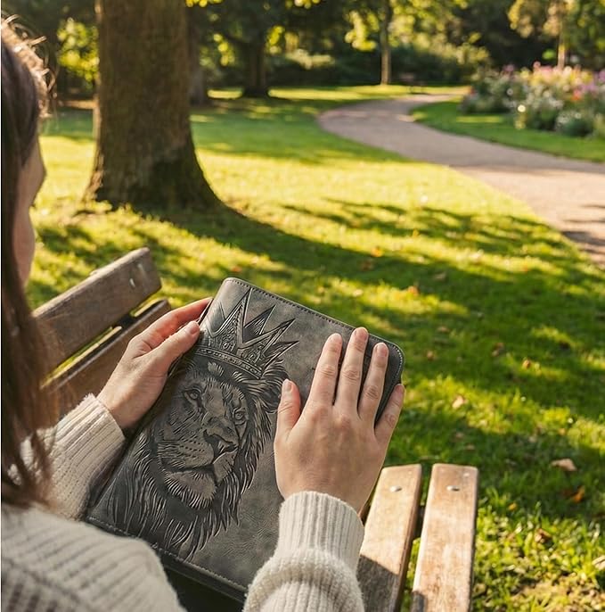 | Lion of Judah Bible Cover for Men & Women | Large Vegan Leather Bible Case with Pen | Fits Thick Study Bibles up to 10" L x 7" W x 2" H | Christian Gifts (Gray)