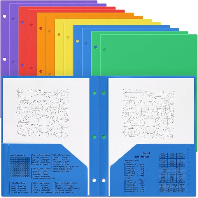 Yeaqee 12 Pcs Plastic Folders with Pockets Bulk 3 Hole Punched 2 Pocket File Folders for 3 Ring Binder Divider Folder for Notebooks, Durable Poly for Office Home (Stylish Color)
