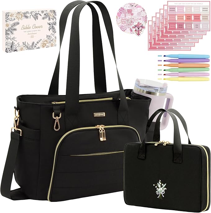 Large Bible Bag for Women, 2-in-1 Bible Tote with Detachable Embroidered Bible Cover & Study Supplies, Church Bible Study Bag, Gift-Ready Christian Gift for Women (Black)