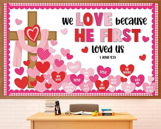 Valentine's Day Christian Jesus Bulletin Board Set Valentines Religious Bible Verse Bulletin Board Heart Cross Patterned Paper Cutouts for Church Sunday School Classroom Home Chalkboard Wall Decor