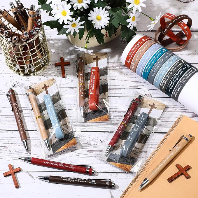 Spakon 25 Sets Father's Day Christian Gifts Bulk Bible Verses Pens Christian Silicone Bracelets Religious Paper Bookmarks for Women Men Sunday School Church Priest (Retro Style)