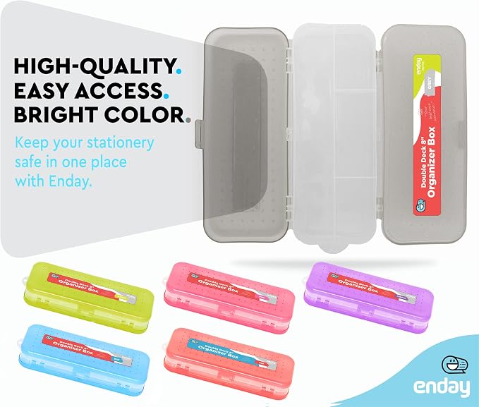 Enday Pencil Box Grey, Plastic Double Deck Pencil Case with 7 Compartments, Box Organizer with Snap Closure for Home and Office
