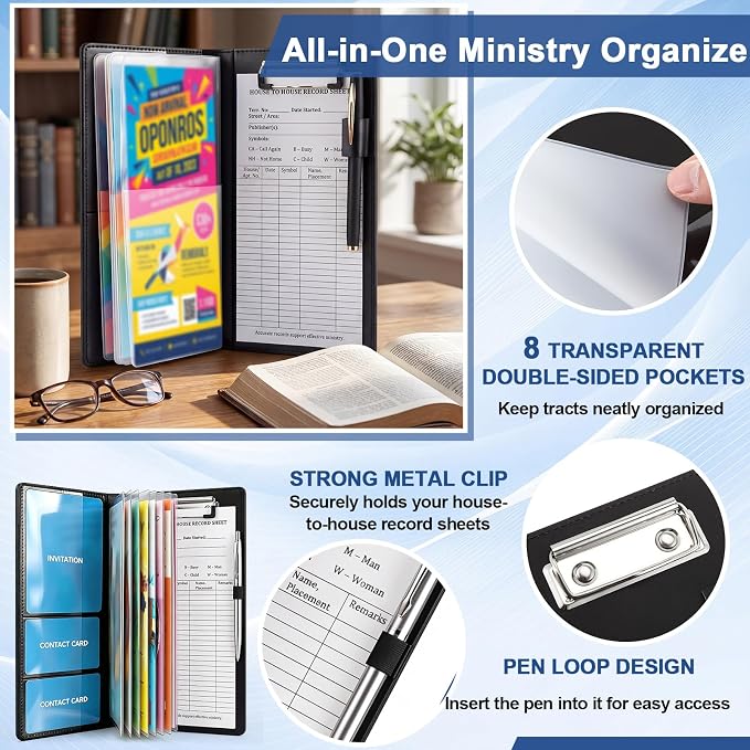 Colarr 2 PACK 10 x 4.5 Inches Tract Holder for Ministry with 50 "house to House Record Sheets and Contact Card Pockets Ministry Organizer Tract Holder for Gifts