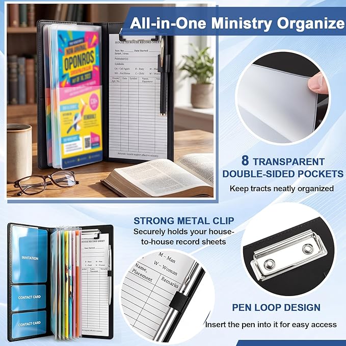 Colarr 10 x 4.5 Inches Tract Holder for Ministry with 50 "house to House Record Sheets and Contact Card Pockets Ministry Organizer Tract Holder for Gifts(PU Leather)