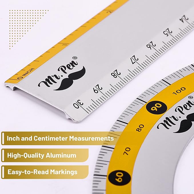 Mr. Pen- Metal Geometry Kit, 4 Pack, 45° & 30°/60° Set Squares, 6" Protractor & 12" Ruler, Durable Metal Drafting Tools for Technical Drawing, Math, Engineering & Architecture