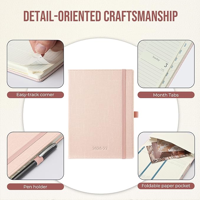 Planner 2026-2027 Weekly & Monthly Planner with Hourly Time Slots, 18 Month Academic Calendar July 2026 – Dec 2027, Vertical Layout, Monthly Tabs, Textured Fabric Hardcover, Pink