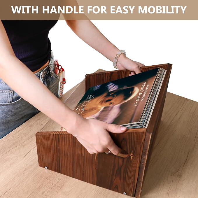 GRETJOB Vinyl Record Storage Crate - Wooden & Acrylic Record Storage Holds 70+ Records, Books, Files - Desktop & Home Office Storage with Handle (Brown)