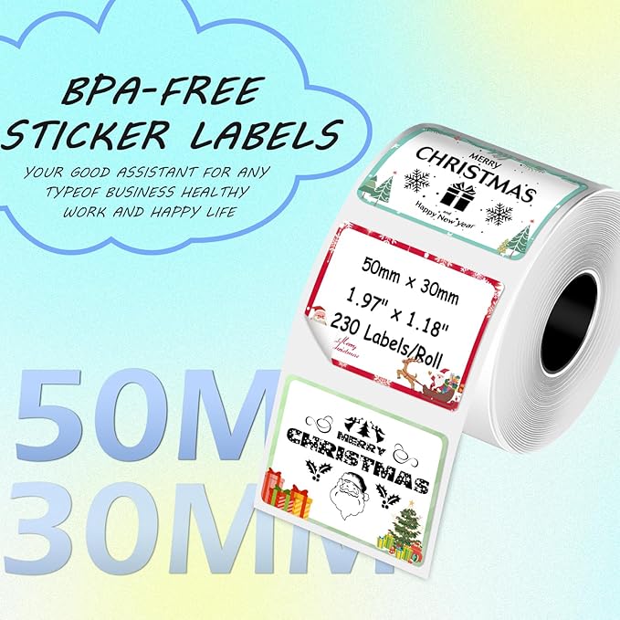 Thermal Labels Christmas Tags for Xmas Compatible with Phomemo M100/M110/M150/M221/M220/M120/M200/M250 Label Printer,1.97"x1.18"(50x30mm), 230 Labels/Roll, Black on Christmas Pattern