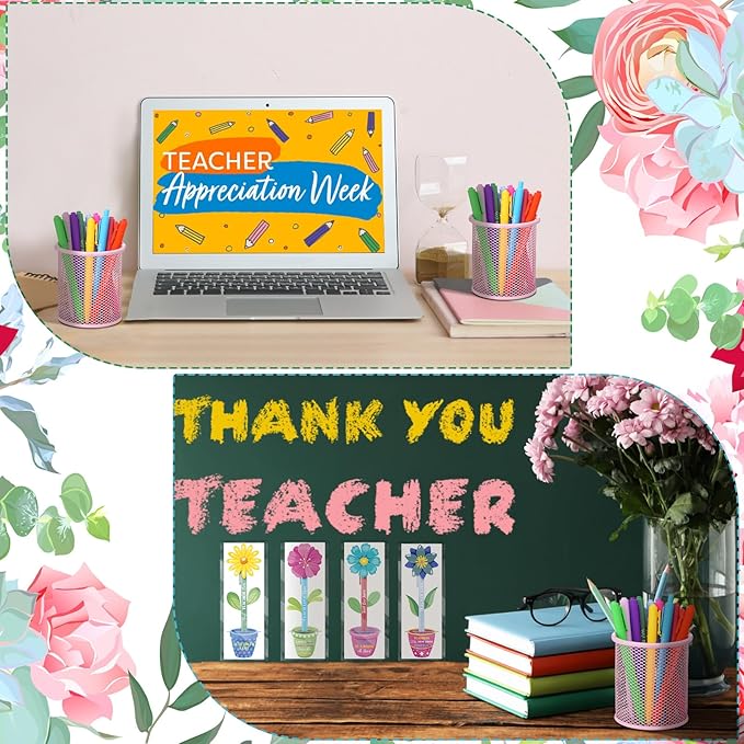 Fuyoooo 50 Set Teacher Appreciation Pens Bulk Thank You Gift Thank You for Helping Me Grow Inspirational Ballpoint Pens with Cards for School Office Supplies(Flowerpot)