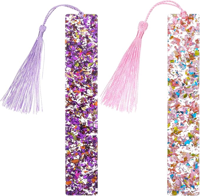 Piriuuo 2 Pcs Bookmarks for Girls, Glitter Resin Bookmarks Transparent Kids Art Bookmark with Colorful Silk Tassels for Women Girls Book Lovers Reading Presents