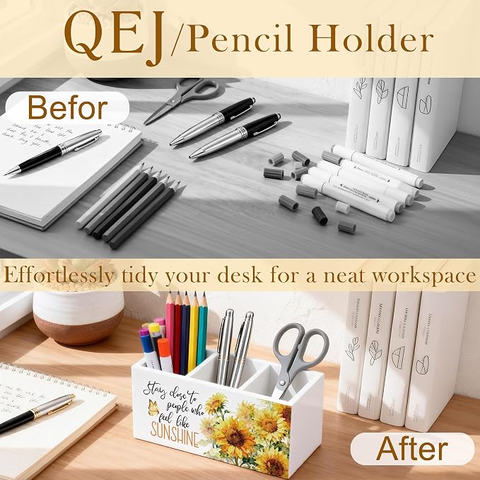 Sunflower Motivational Pen Holder for Desk, Inspirational Gifts for Women, Stay Close to People Who Feel Like Sunshine Wooden Box Pencil Pen Organizer for Home Office Desk Tabletop