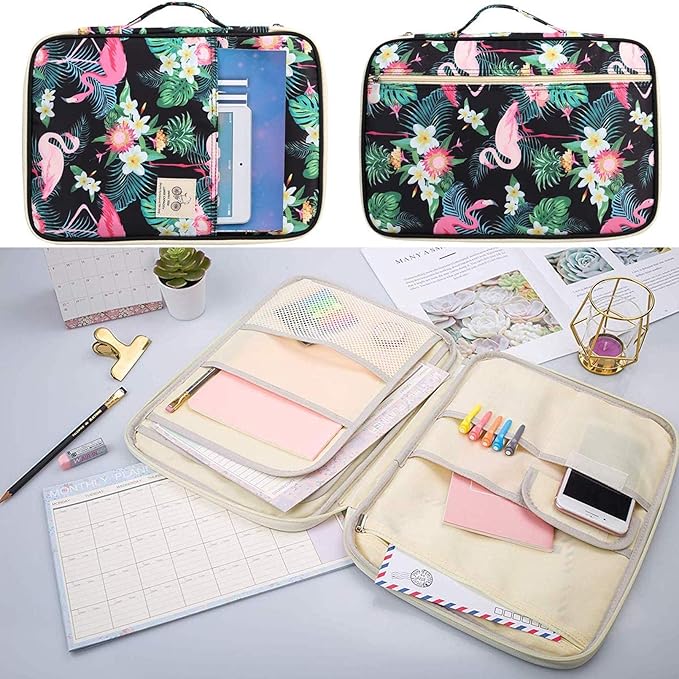 JAKAGO A4 Travel Portfolio Multifunctional Document Organizer Zippered Case for Office Supplies (Flamingo)