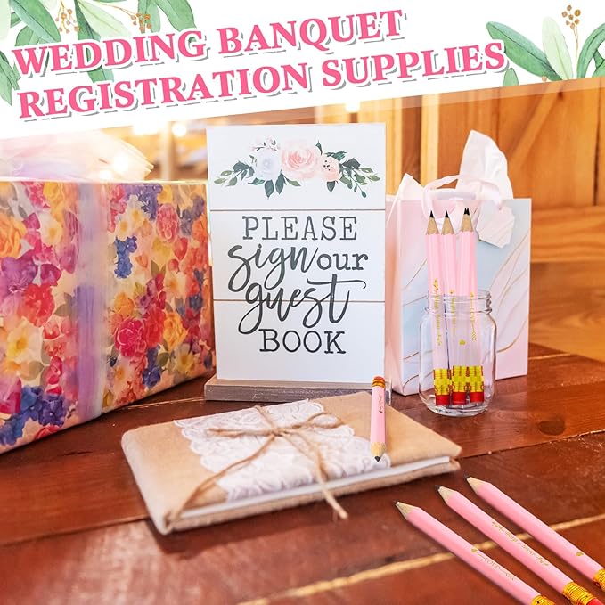 Crtiin 50 Pcs Bridal Shower Pencils Half Golf Wedding Pencils with Eraser 4 Inch Short Pocket Pre Sharpened for Wedding Game Bridal Shower Presents Classroom School(Pink)