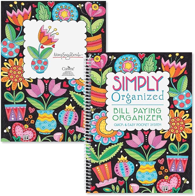 Current Mary Engelbreit Bill Paying Organizer Book - 9" x 12” Personal Account Book, Spiral Bound, 14 Storage Pockets, 32 Label Stickers, Monthly Finance & Payment Management Tracker for Home & Office