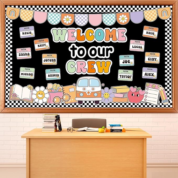 Groovy Back to School Bulletin Board Decorations Welcome to Our Crew Classroom Bulletin Board Border Set Retro Groovy Daisy Hippie Paper Cutouts Preschool Chalkboard Wall Decor