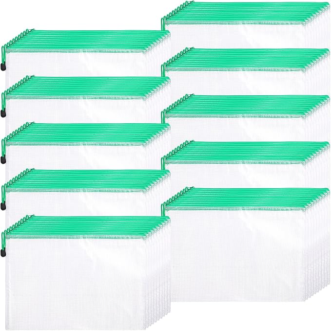 Zhehao 100 Pcs A4 Mesh Zipper Pouch Bag Bulk Mesh Pouch with Zipper Waterproof Clear Storage Bag for School Office Supplies Cosmetics Travel,13.19 x 9.45 in(Green)