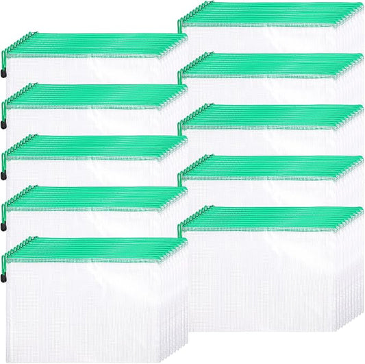 Zhehao 100 Pcs A4 Mesh Zipper Pouch Bag Bulk Mesh Pouch with Zipper Waterproof Clear Storage Bag for School Office Supplies Cosmetics Travel,13.19 x 9.45 in(Green)