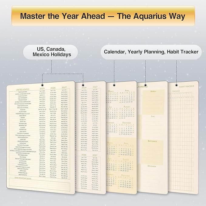 AuroPlanner Aquarius Zodiac Undated Planner – Monthly Weekly Daily Astrology Portable Journal Notebook, A5 (5.8” × 8.3”), 160 Pages 4-Month Layout, 100 GSM Paper