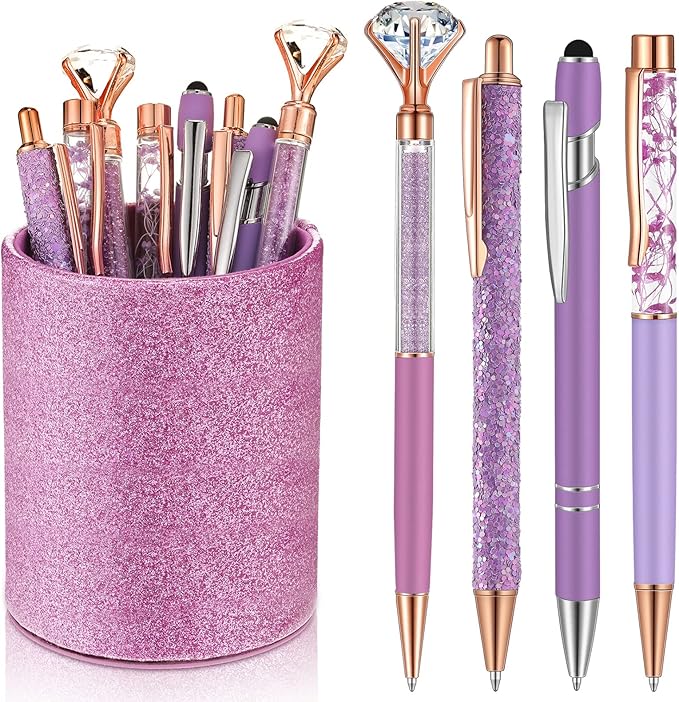 Sabary 8 Pcs Violet Pens with Pen Holder for Desk Glitter Crystal Diamond Cute Ballpoint Fancy Pencil Holder Bling Desk Organizer for Women Girls School Office Supplies Wedding Graduation Gifts