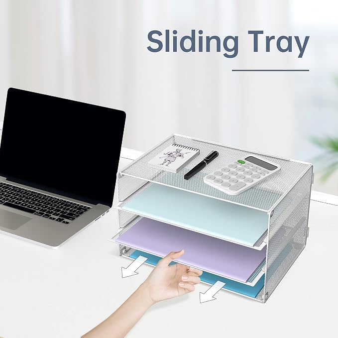 DALTACK 3 Tier Letter Tray Paper Organizer for Desk, Mesh Metal Desk File Organizer with Sliding Trays for Letter/A4 Paper, Mail, Bills & Folders, 2 Pack, White