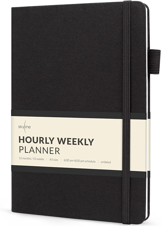 Skyline Hourly Weekly Planner – Undated Agenda & Daily Appointment Book – Time Blocking Notebook for Business Entrepreneurs, A5 (Black)