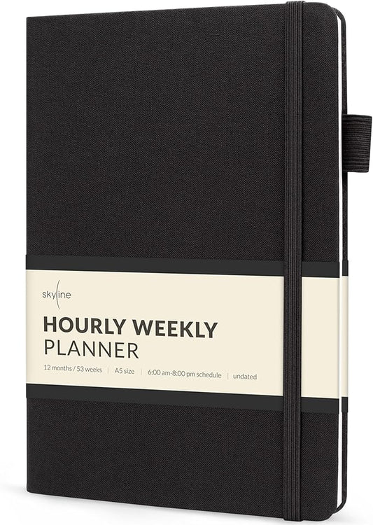 Skyline Hourly Weekly Planner – Undated Agenda & Daily Appointment Book – Time Blocking Notebook for Business Entrepreneurs, A5 (Black)