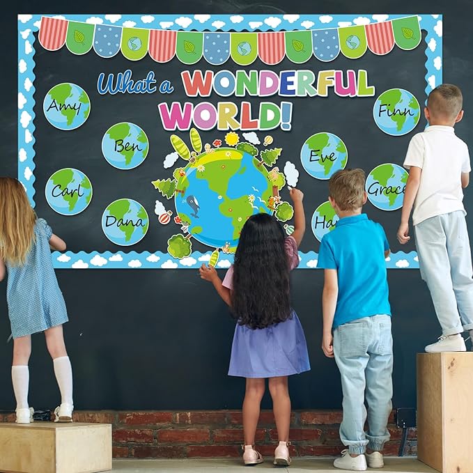 Earth Bulletin Board Set What A Wonderful World Classroom Bulletin Board Decorations Earth Name Tag Cutouts Classroom Decorations for Back to School Teachers Office Chalkboard Decor Wall Door Supplies