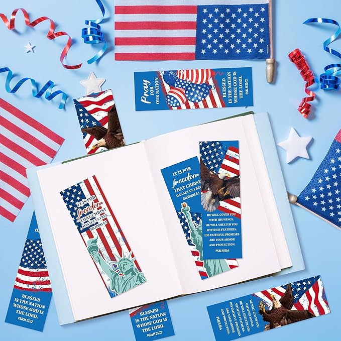 TICIAGA 250th Anniversary American Flag Bible Verses Bookmarks - 60PCS Independence Day USA Stars and Stripes Prayer Bookmark for Kid Psalm 33:12 Religious Christian Church Giveaways for Sunday School