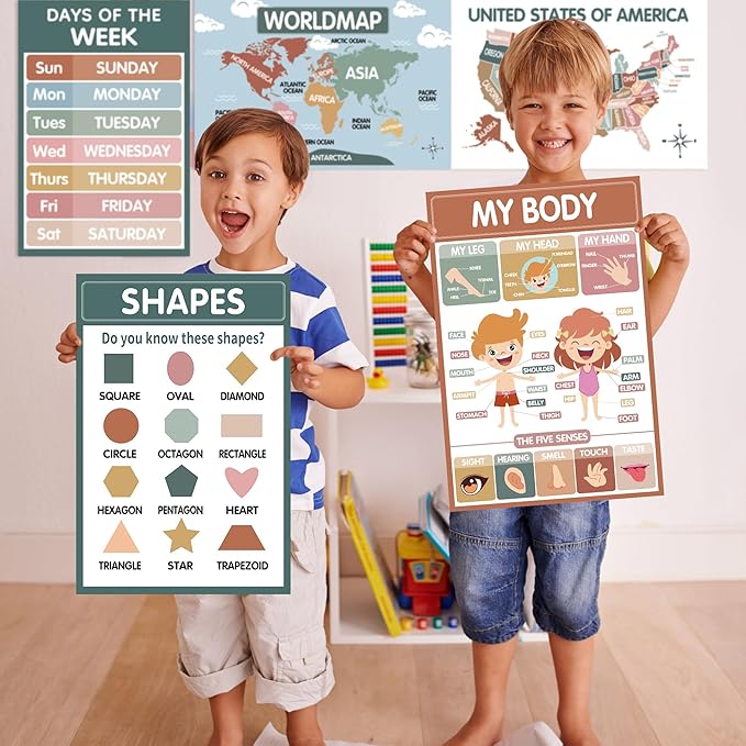 MYLONGINGCHARM 18 Pcs Boho Groovy Educational Posters for Toddlers 1-3,Laminated Pre-K and Kindergarten Learning Poster Charts - Homeschool and Classroom Decor for Kids' Walls