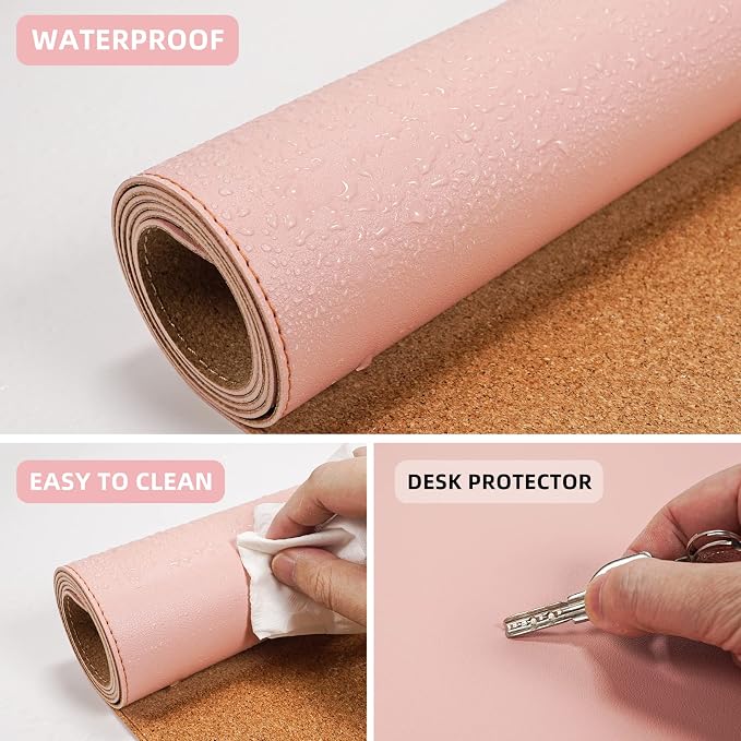 AFIING Cork Desk Mat 47" x 23.6", Dual-Sided Natural Cork & PU Leather Desk Pad, Non-Slip Waterproof Large Mouse Pad for Office, Home & Gaming (Pink)
