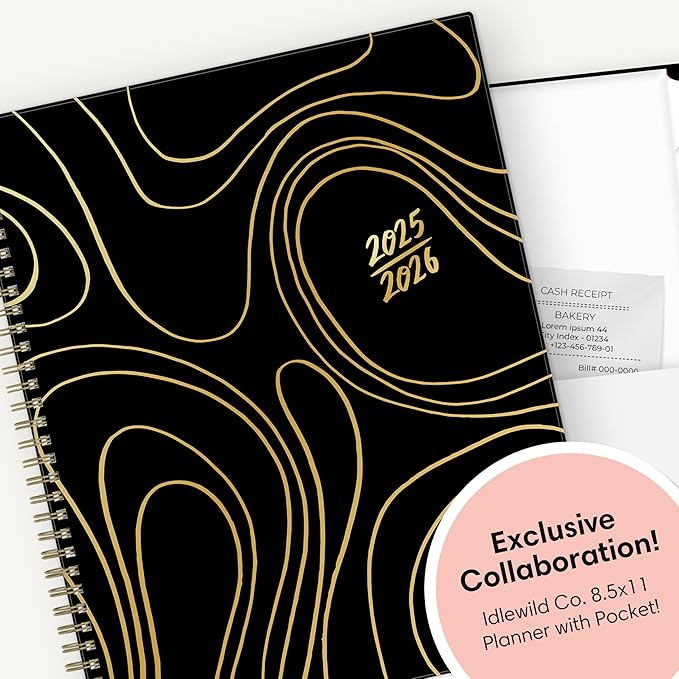 Blue Sky Idlewild 2025-2026 Weekly and Monthly Academic Year Planner Calendar, July 2025 - June 2026, 8.5" x 11", Flexible Cover, Wirebound, Laminated Tabs, Storage Pocket, Black Swirl