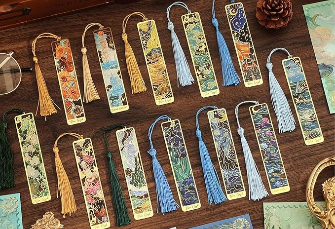 icceemee 12 Pieces of Gold Hollow Bookmarks with Tassels, Featuring Van Gogh and Monet Oil Painting Themes Perfect for Book Lovers, Writers, Readers, Children, Teenagers, Men, Women, and Adults